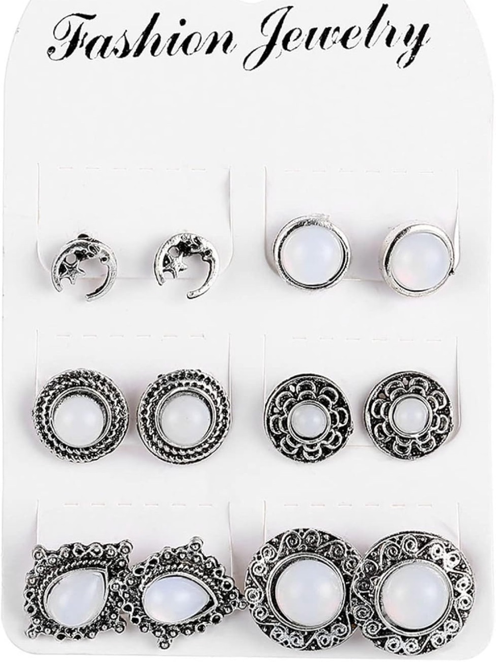 Boho Celestial Moon & Faux Opal Stud Earring Set – 6 Pairs Silver Tone